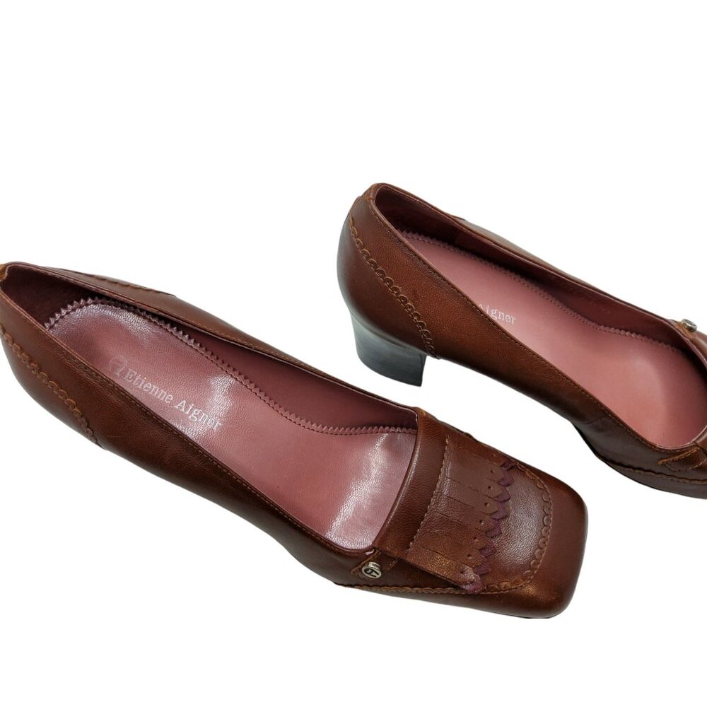 vintage 1990s etianne aigner eysabel brown leather 2.5" chunky heel pumps - Picture 4 of 9